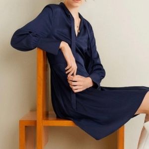 NWT Mango dress navy blue satin effect pussybow collar belted size 8
